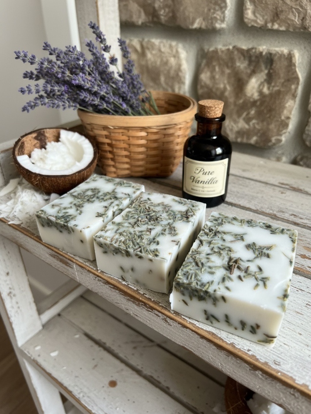 Lavender Vanilla Handmade Soap Bar - White with Green Lavender Sprigs - 
NWT